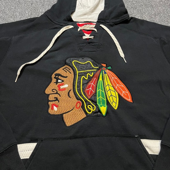 CCM Chicago Blackhawks Hockey Jersey Hoodie XL Black Red Lace Up NHL Sweatshirt - Picture 6 of 7